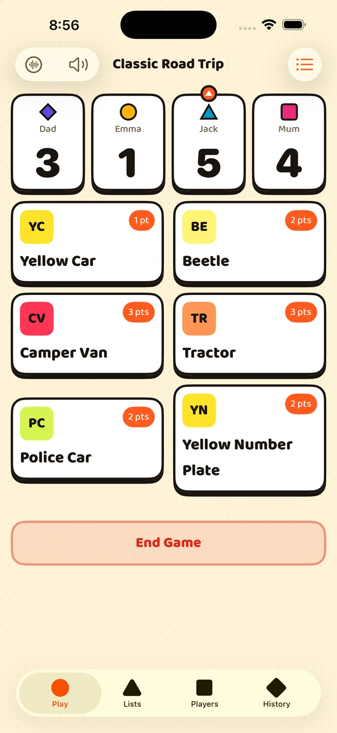 Spotorama running on an iPhone: four players and their scores across the top, a grid of things to spot below.