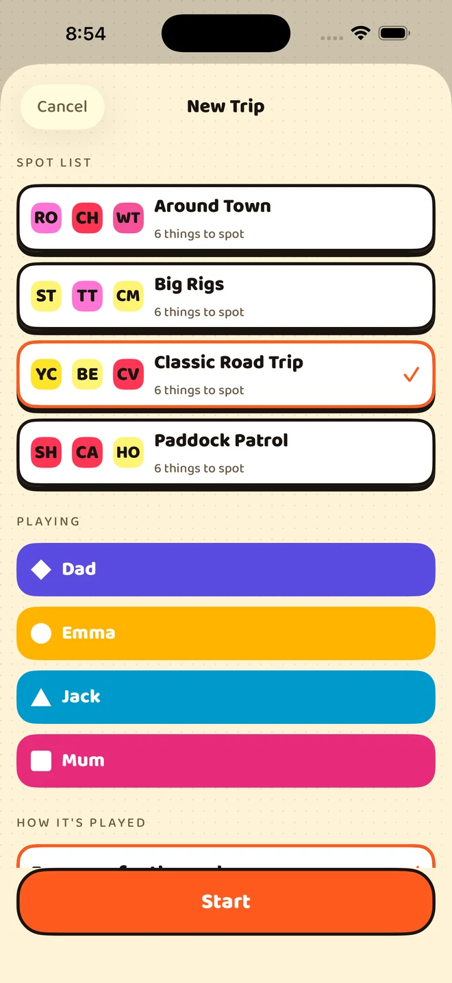 Starting a trip: choosing a spot list and ticking who is playing.